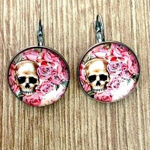 Skull and Flower Print Stainless Steel French Clasp Earrings, 25mm, NWT